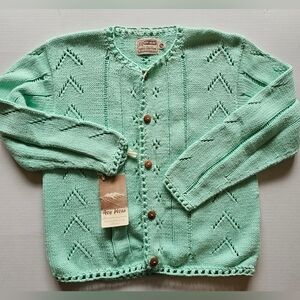 Scandi Cottagecore Rey Wear Hand Knit Cotton Cardigan Sweater S/M Mint Green NWT